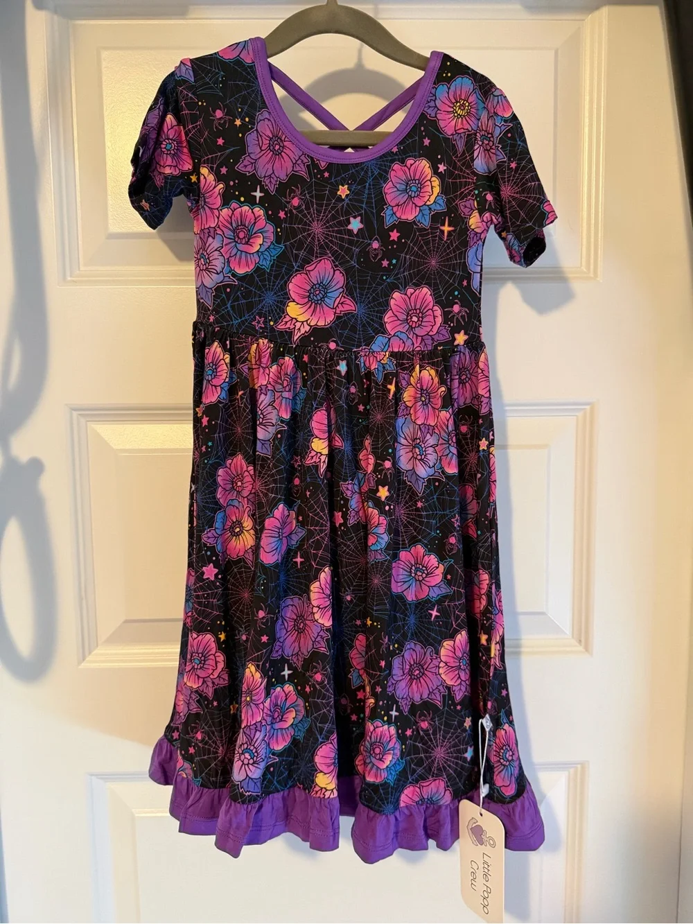 Girls' Purple Floral Halloween Bamboo Dress with Ruffle Hem